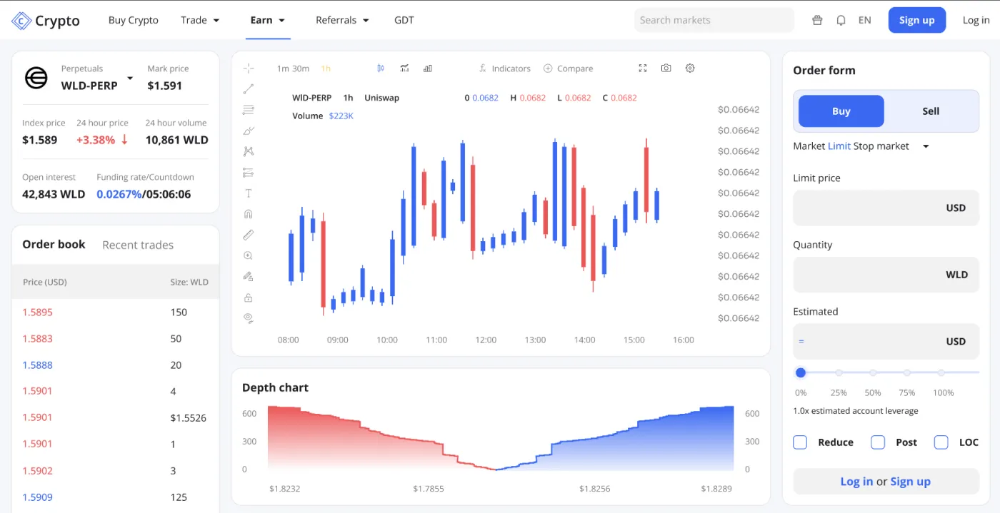 Crypto trading terminal with a live candlestick chart, order book, and buy/sell order form
