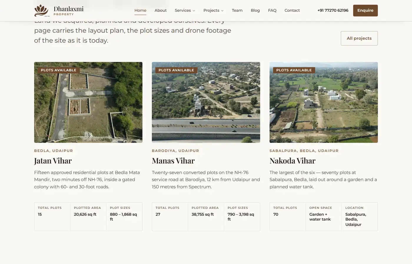 Dhanlaxmi Property plotted-colony listings with aerial site photography, plot counts, plotted area and plot sizes for each project near Udaipur