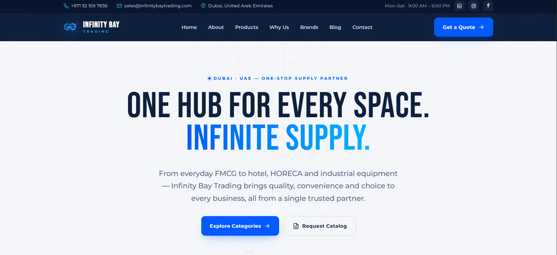 Infinity Bay Trading homepage hero — a Dubai, UAE one-stop FMCG, HORECA and industrial supply partner, rebuilt on Astro for fast loading