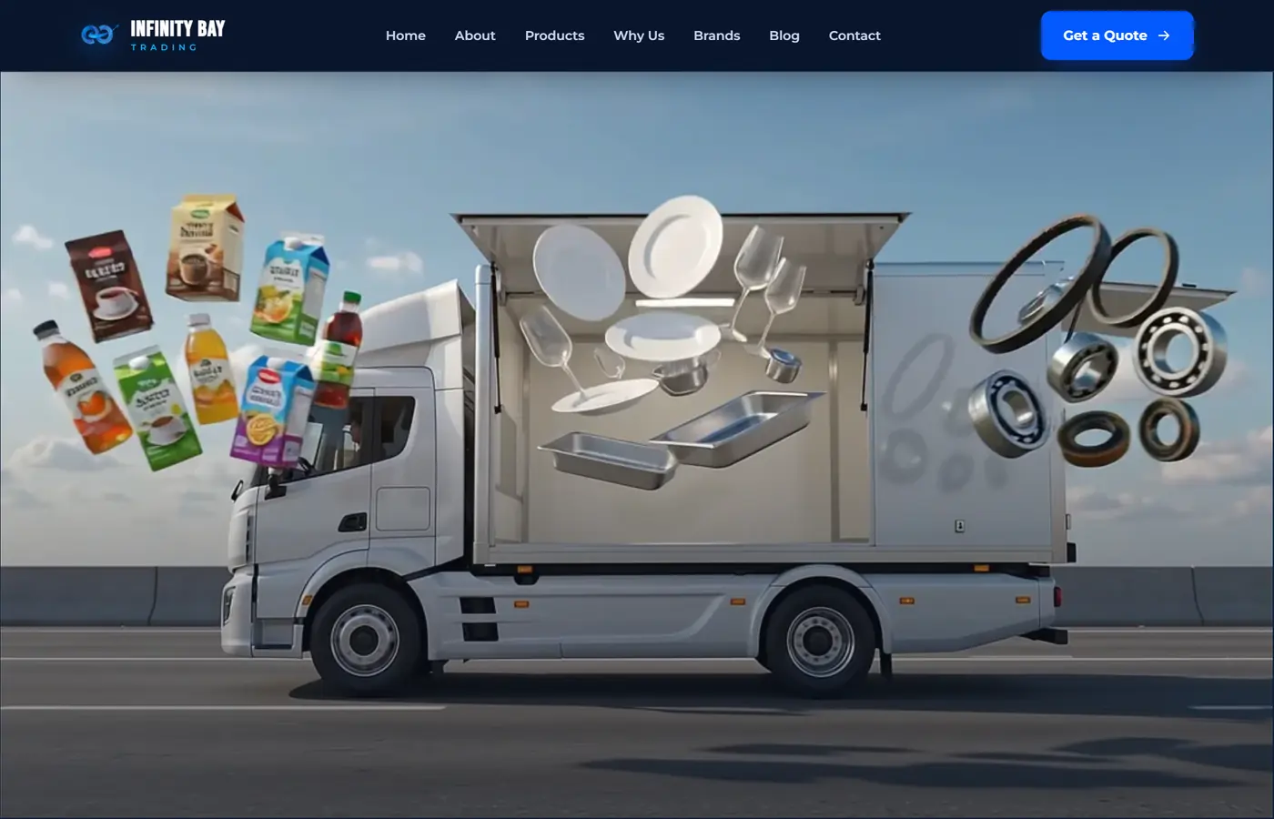 Infinity Bay Trading product reveal — FMCG beverages and confectionery, HORECA tableware and industrial bearings emerging from the delivery truck