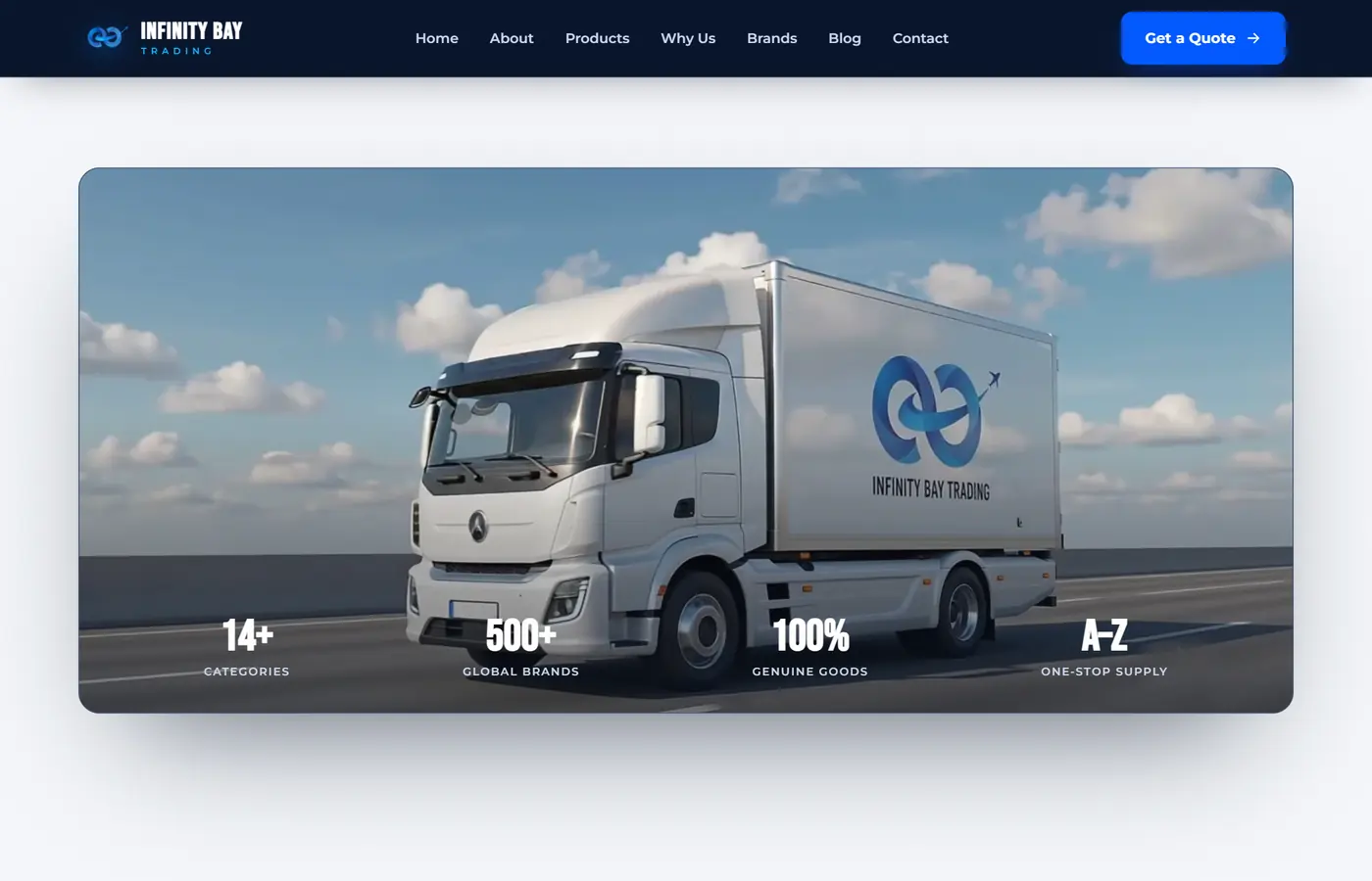 Infinity Bay Trading branded delivery truck in the scroll-driven hero, with category, brand and one-stop supply figures across the UAE
