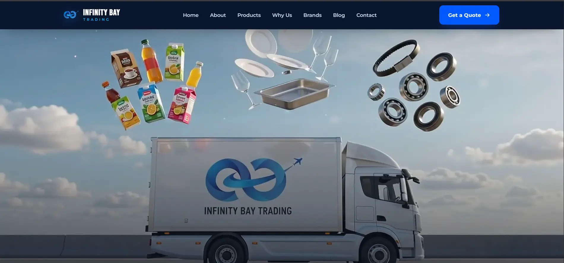 Infinity Bay Trading delivery truck carrying FMCG, kitchenware and industrial products — B2B wholesale distribution across Dubai and the UAE
