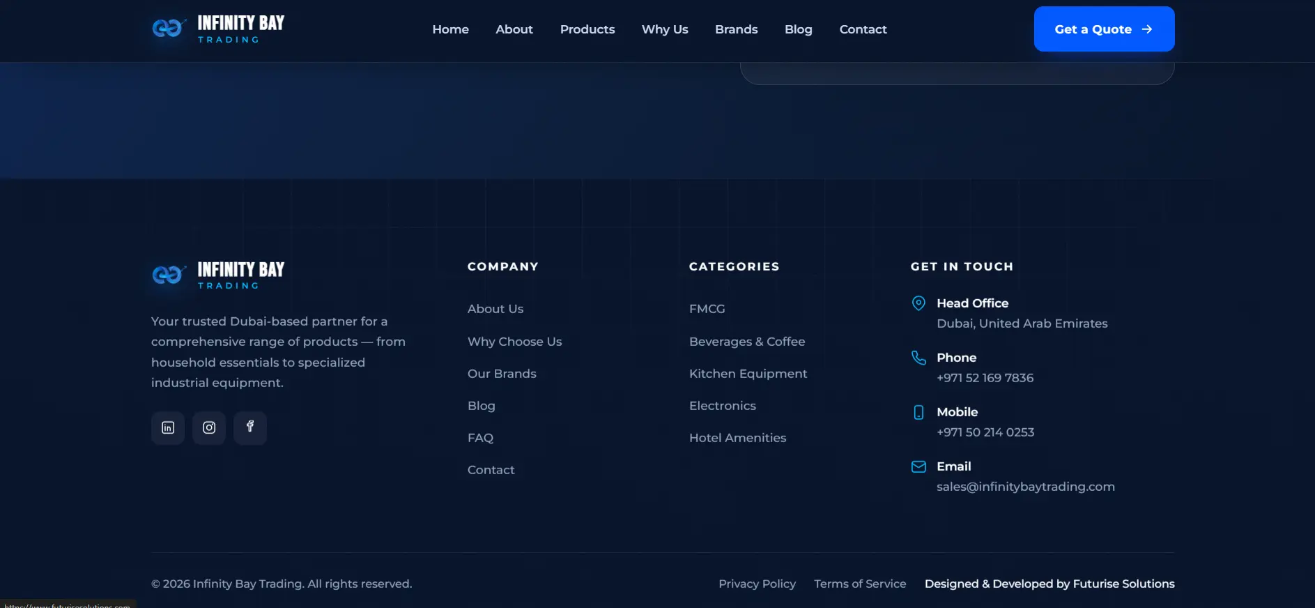 Infinity Bay Trading footer with product categories, Dubai head-office contact details and 'Designed & Developed by Futurise Solutions'