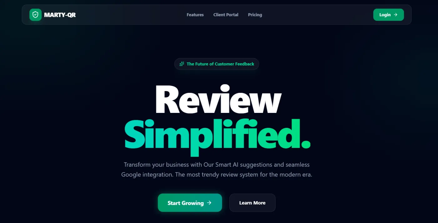 Marty-QR AI review platform landing page with a 'Review Simplified' hero