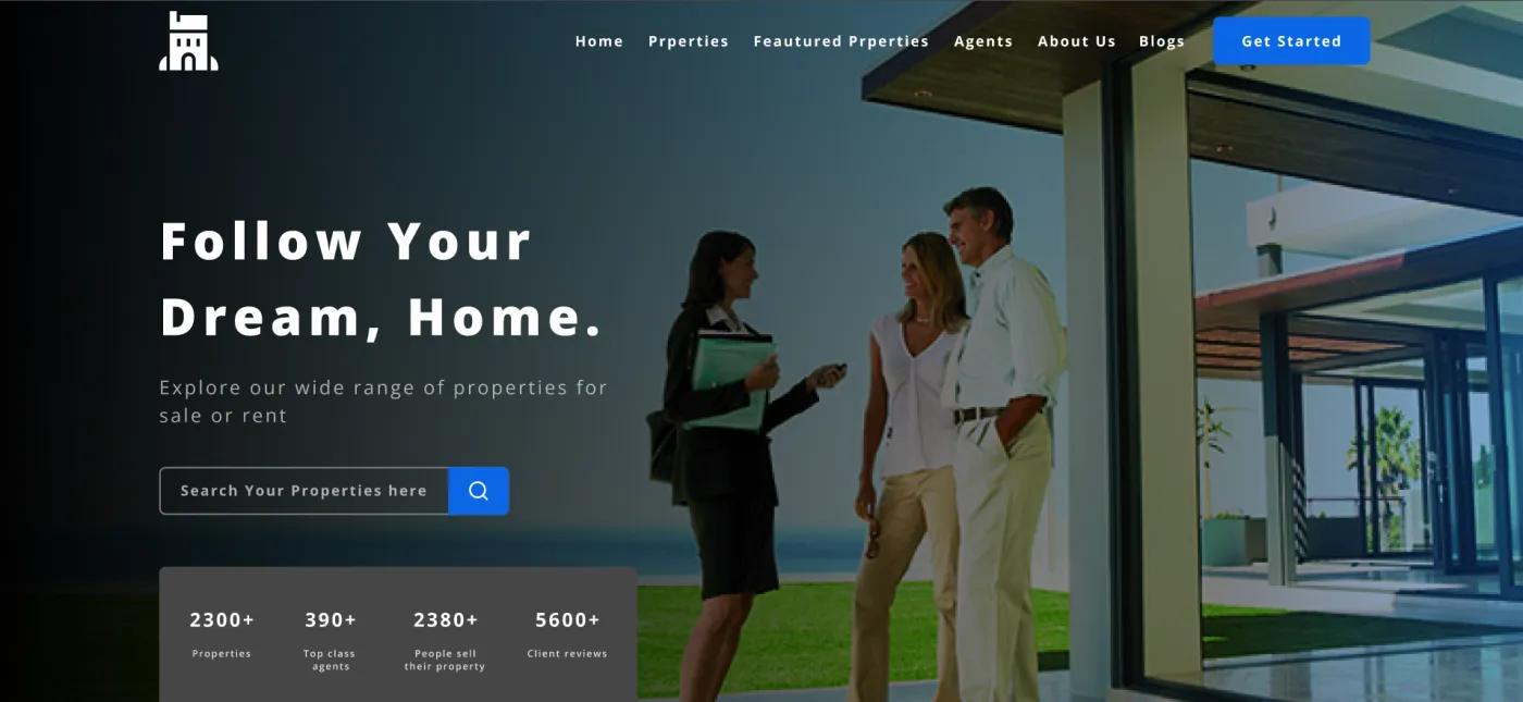 Estate real-estate platform homepage with a property search hero for buyers in India and the USA